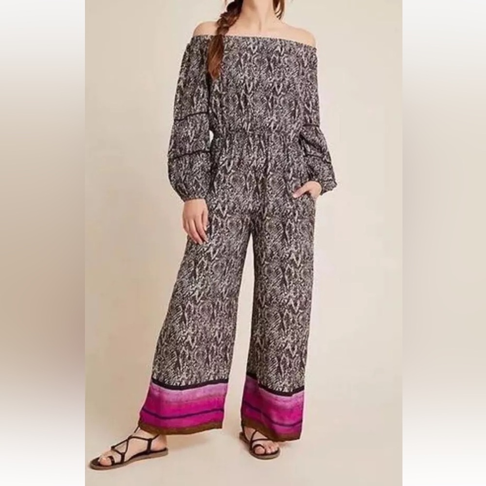 Anthropologie BL^NK London Snake Print Off Shoulder Jumpsuit Sz S Pink Trim Boho